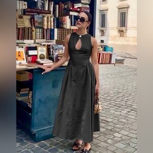 Commense Cotton & Linen Pleated Cutout Long Dress